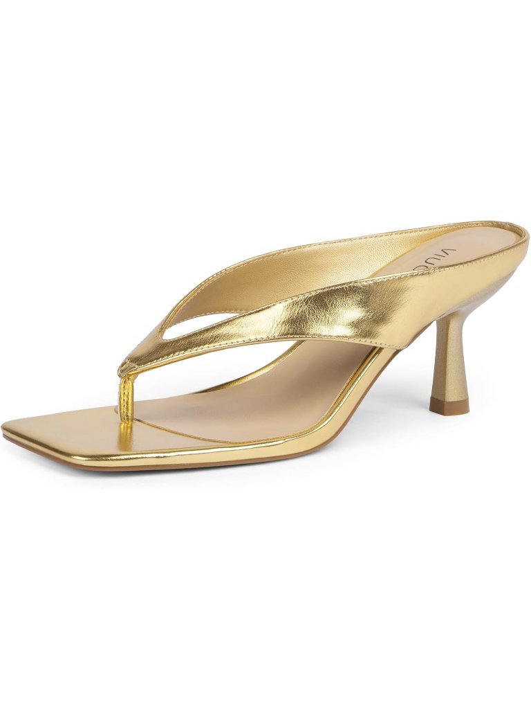 Women’s Gold Square Open Toe Low Kitten Heels Flip Flop Slip On Slide Shoes